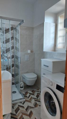 een badkamer met een wasmachine en een toilet bij Apartment Tacoma in Vrsar