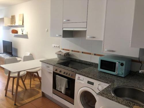 a kitchen with a washing machine and a sink at Apartamento El Cine in Infiesto