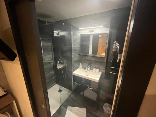 uma casa de banho com um lavatório e um chuveiro em Hôtel Restaurant Clément ADER em Muret