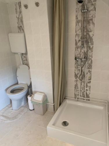 a bathroom with a toilet and a bath tub at Simply House in Balatonboglár