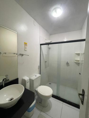 a bathroom with a toilet and a sink and a shower at Pousada Mananauê Beach in Porto De Galinhas