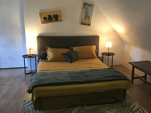 1 dormitorio con 1 cama grande y 2 mesitas de noche en La Meunière, en Jouy