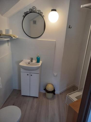 a bathroom with a sink and a mirror at Villa Osowianka in Gdańsk