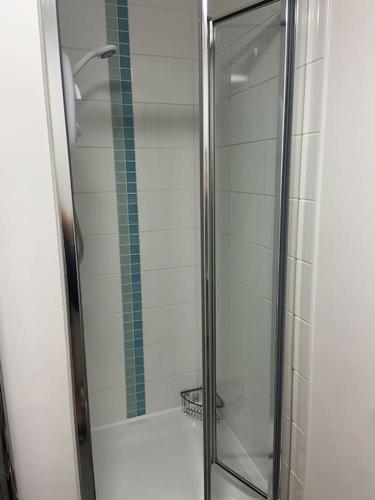 een douche met een glazen deur in de badkamer bij Lovely studio apartment in Norwich city centre in Norwich