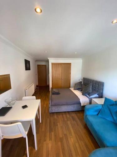 a living room with a couch and a table at Lovely studio apartment in Norwich city centre in Norwich