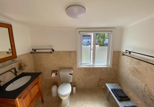 a bathroom with a sink and a toilet and a window at Villa Amanzi in Hout Bay