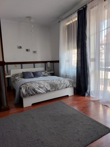 een slaapkamer met een bed en een groot raam bij Apartament Radosna in Gdynia