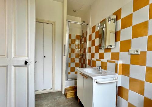 a bathroom with a sink and a mirror at Appart'hôtel Les Célestins in Vals-les-Bains