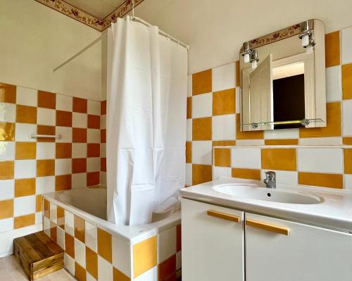a bathroom with a sink and a mirror at Appart'hôtel Les Célestins in Vals-les-Bains