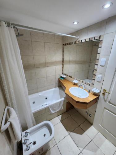 La salle de bains est pourvue d'une baignoire, d'un lavabo et d'un miroir. dans l'établissement Mirabeagle Departamentos, à Ushuaia