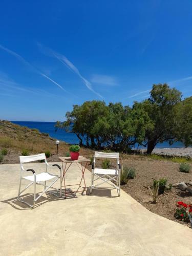 a table and two chairs sitting on a patio with the ocean at Το Κυμα . in Livadi Astypalaias