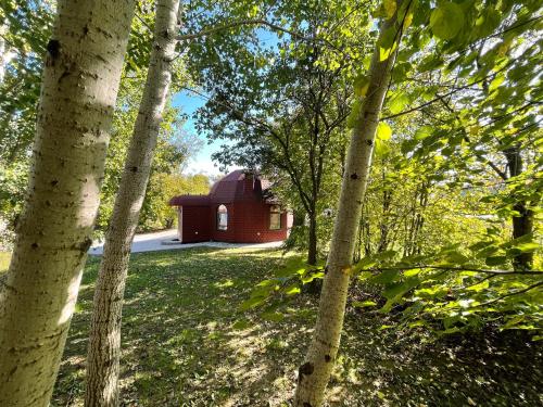 a small red building in the middle of trees at Przystanek Czasu - domek kopułowy in Sułów