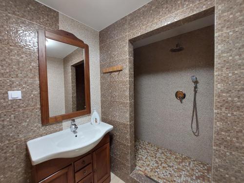 a bathroom with a sink and a mirror at Transilvania 10 - Casa Poarta Văii Jiului in Petroşani