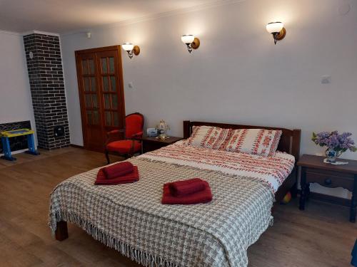 een slaapkamer met een bed met twee rode kussens erop bij Transilvania 10 - Casa Poarta Văii Jiului in Petroşani