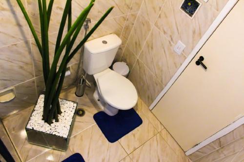 a bathroom with a toilet and a potted plant at Belíssimo Flat em Pinheiros in Sao Paulo