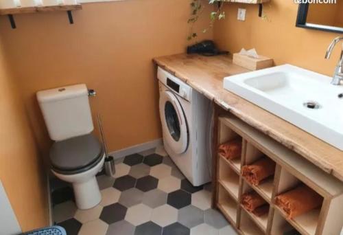 une salle de bain avec un lavabo et une machine à laver dans l'établissement Maison 5 personnes, à Mansigné