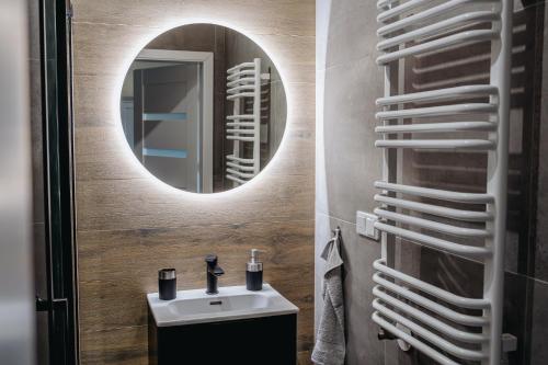 a bathroom with a sink and a mirror at APARTAMENTY PRUCHNICKA in Jarosław