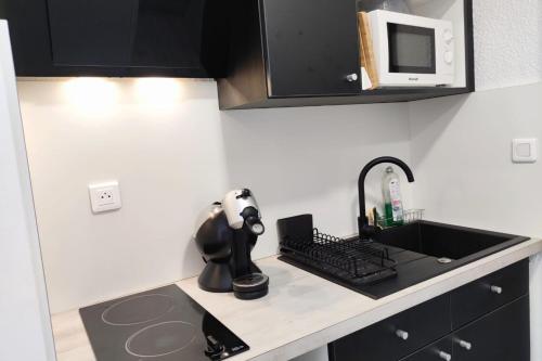 un comptoir de cuisine avec un évier et un micro-ondes dans l'établissement 24 m2 studio with rooftop view, à Bordeaux