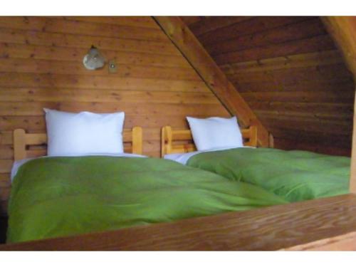 una camera con due letti con lenzuola verdi di Karuizawa Sunny Village - Vacation STAY 57949v a Karuizawa
