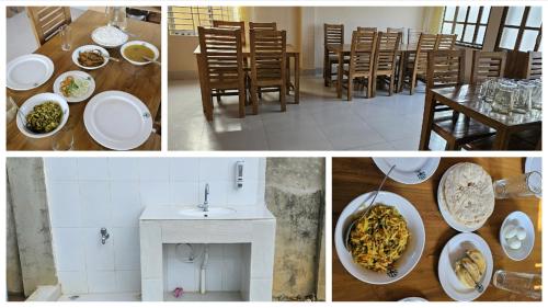 een collage van foto's van een keuken en een tafel met pasta bij Bonochhaya EcoResort in Khagrāchari