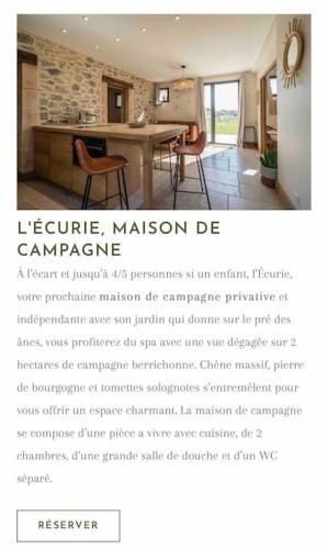 a flyer for a house with a picture of a kitchen at Charmantes Maisons avec spas privatifs au calme Idéal weekend à 2 en famille ou entres amis in Vierzon