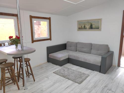 ein Wohnzimmer mit einem Sofa und einem Tisch in der Unterkunft Boszkowo Domki-Stonki in Boszkowo