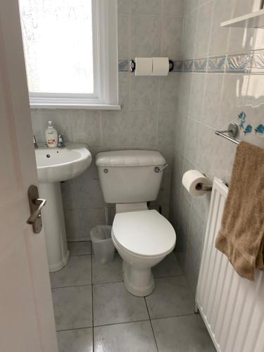 a bathroom with a white toilet and a sink at Elizabeth Line Garden home in Ilford