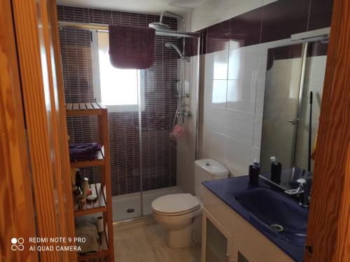 uma casa de banho com um WC, um lavatório e um chuveiro em URBANIZACION PUEBLO SALADO BEACH em Puerto de Mazarrón