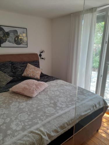 a bedroom with a bed with a glass wall at Apartman T and T in Ražanac