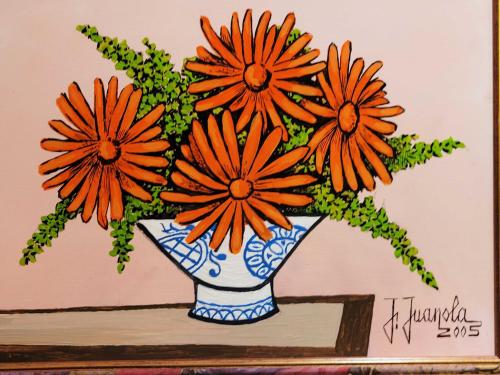 a drawing of a vase with orange flowers in it at Hotel Plaza Inn in Figueres