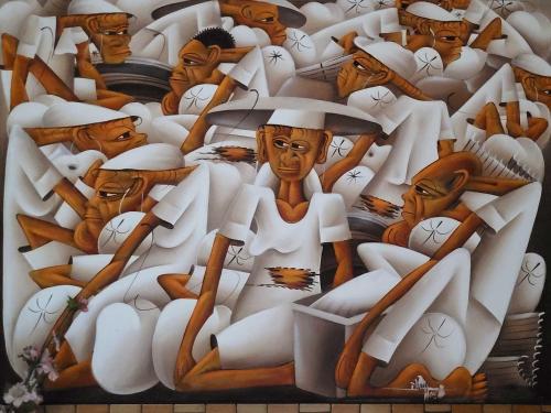 a mural of a group of people in auddle at Hotel Plaza Inn in Figueres