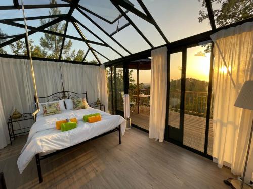 a bedroom with a bed in a glass house at Costa Vicentina Sky View in Rogil