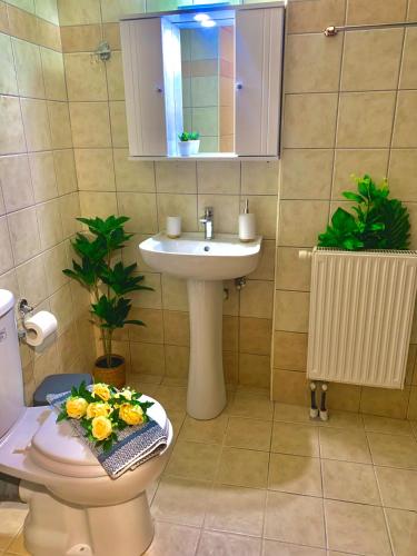 a bathroom with a sink and a toilet with flowers on it at George Airport Apartments in Heraklio