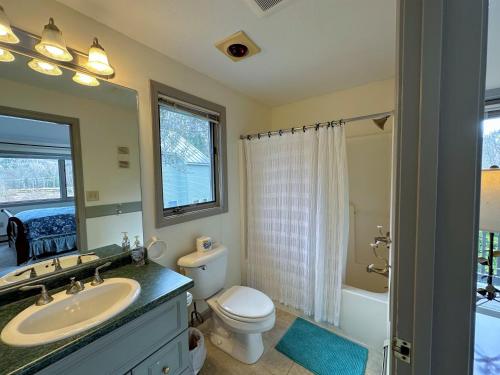 ein Badezimmer mit einem Waschbecken, einem WC und einem Spiegel in der Unterkunft RE90 Rare riverfront family retreat - private slopeside home with AC, fast WiFi, and views in Bretton Woods