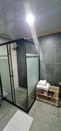 a bathroom with a shower and a toilet at Yayla Bungalov in Ayder Yaylasi