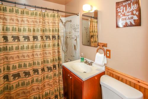 a bathroom with a sink and a shower curtain at Twin Bear - Cozy and convenient, relaxing cabin with a nice fenced yard and a BBQ in Sugarloaf