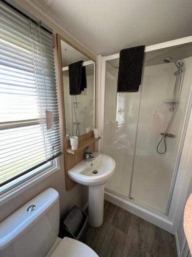 a bathroom with a sink and a shower and a toilet at Tattershall Lakes getaway in Tattershall