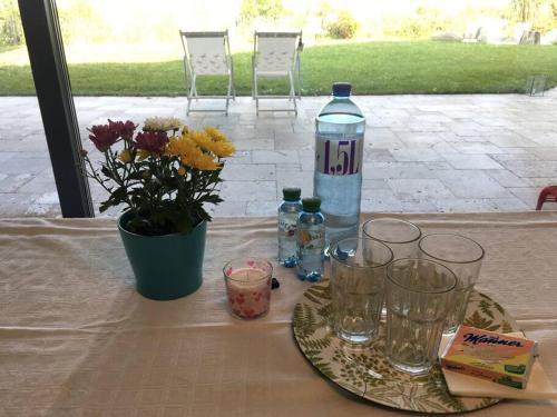 a table with glasses and a bottle of water and flowers at Haus am Hügel in Oberkühberg