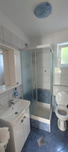 a bathroom with a shower and a toilet and a sink at Pahljina Apartments in Rab
