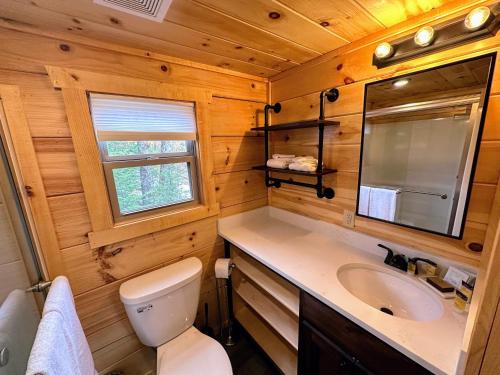 a bathroom with a toilet sink and a mirror at BMV4 Tiny Home with sleeping loft in Twin Mountain