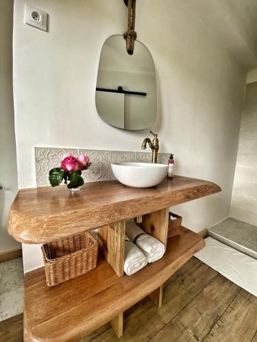 a bathroom with a wooden counter with a sink at U PASTURELLU in Pioggiola