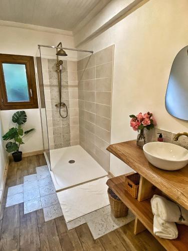 a bathroom with a shower and a sink at U PASTURELLU in Pioggiola