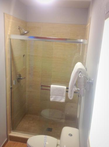 a bathroom with a toilet and a glass shower at FairBridge Inn & Suites Gateway to Yosemite in Merced