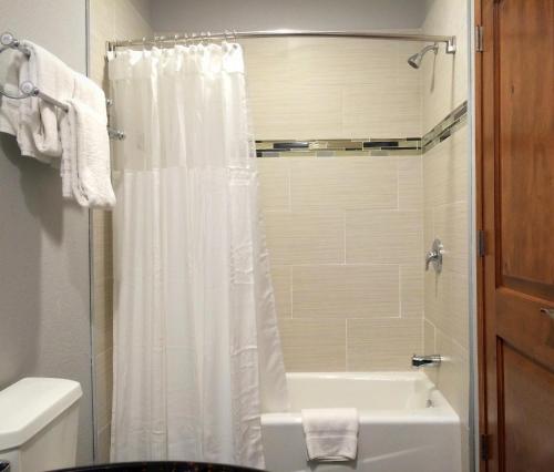 a bathroom with a shower with a white shower curtain at FairBridge Inn & Suites Gateway to Yosemite in Merced