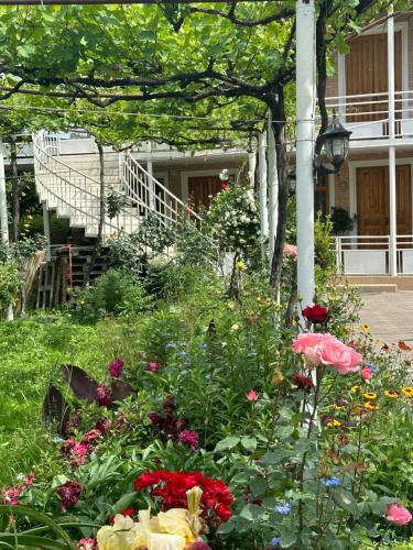 a garden of flowers in front of a building at Zaali's wine cellar in Vani