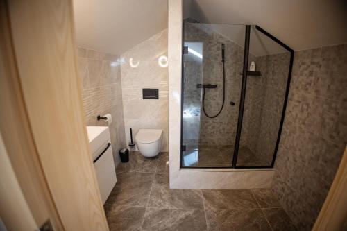 La salle de bains est pourvue d'une douche et de toilettes. dans l'établissement Apartmán Timea, à Terchová