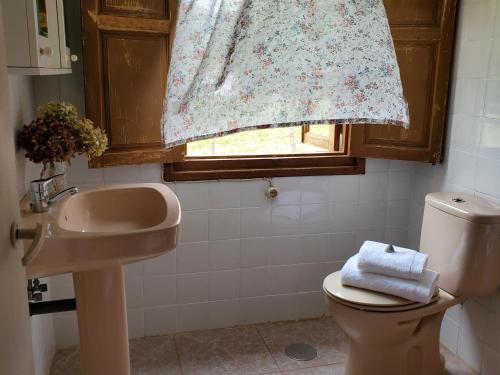 a bathroom with a sink and a toilet and a window at Casa de los Valles en RioNansa in Puentenansa