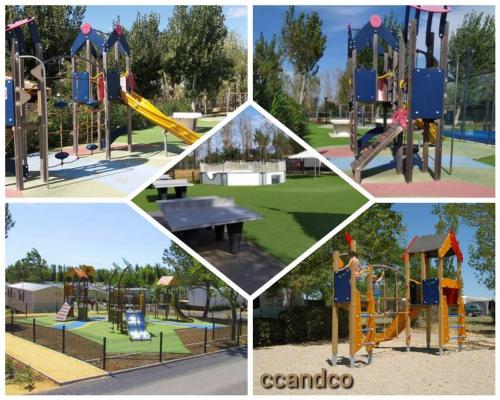 un collage de quatre photos d'une aire de jeux dans l'établissement Super Mobile-Home Hibiscus climatisé Top confort Camping Fun 4*, à Valras-Plage