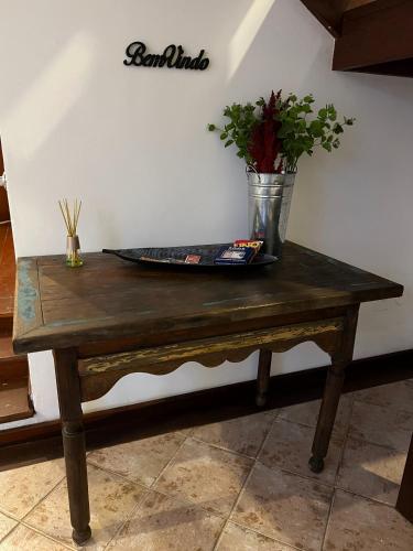 a wooden table with a potted plant on top of it at Casa Rosada seu refúgio na serra in Miguel Pereira