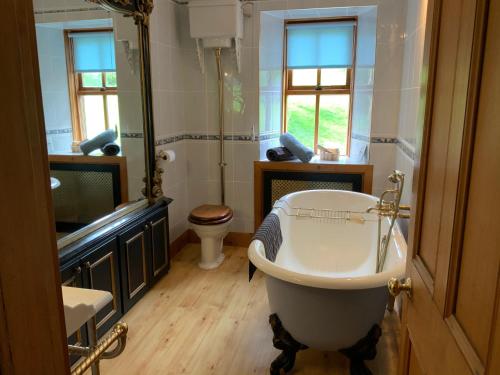 a bathroom with a large tub and a toilet at Silverstripe in Turriff